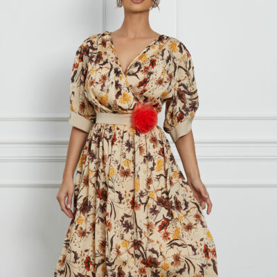 Black Friday Rochie LaDonna bej cu imprimeuri florale maro