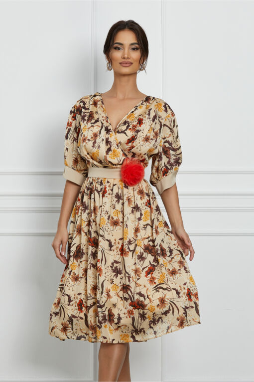 Black Friday Rochie LaDonna bej cu imprimeuri florale maro