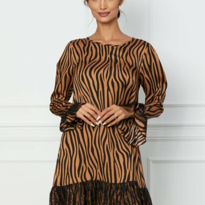 Black Friday 2022 Rochie LaDonna maro cu zebra print si dantela la baza