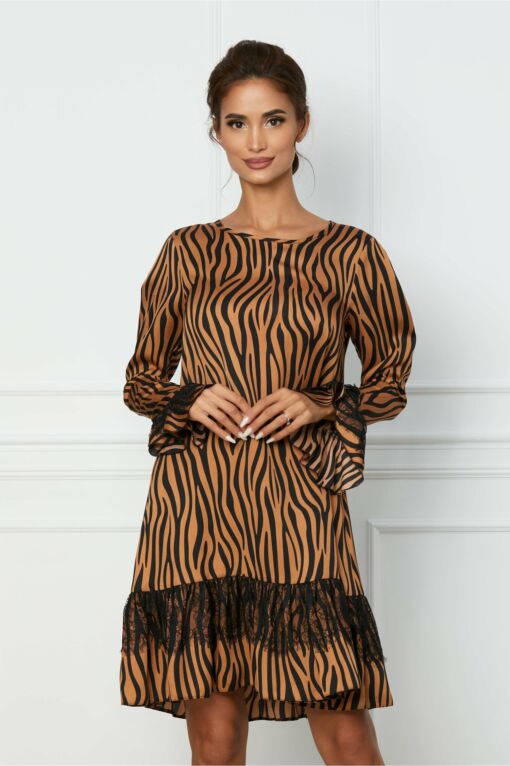 Black Friday 2022 Rochie LaDonna maro cu zebra print si dantela la baza