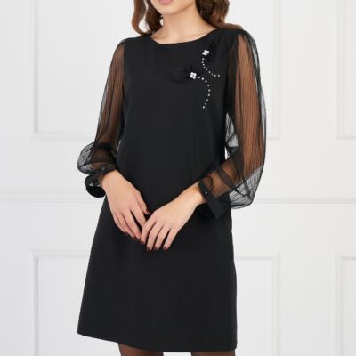 Black Friday Rochie LaDonna neagra cu maneci din voal si aplicatii din perle