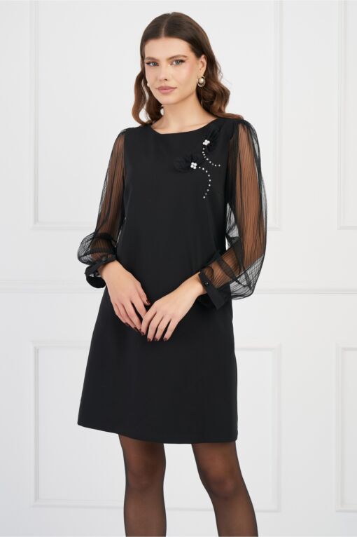 Black Friday Rochie LaDonna neagra cu maneci din voal si aplicatii din perle