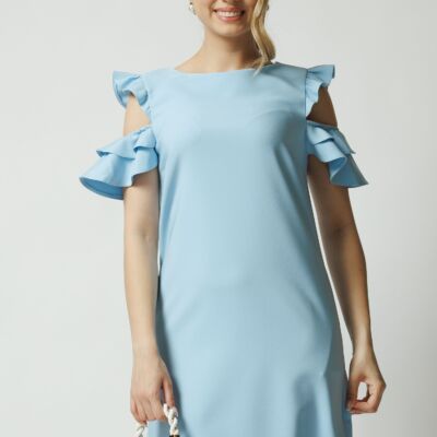 Black Friday Rochie LaDonna office din stofa bleu cu volane la maneci