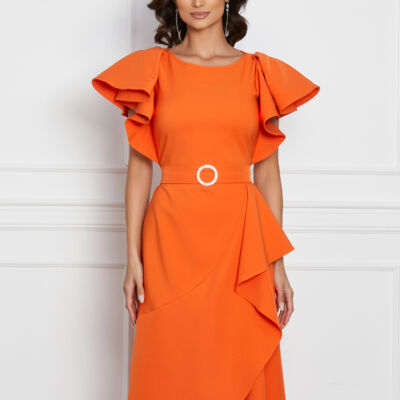 Black Friday 2022 Rochie LaDonna orange cu volan pe fusta si cordon cu catarama in talie