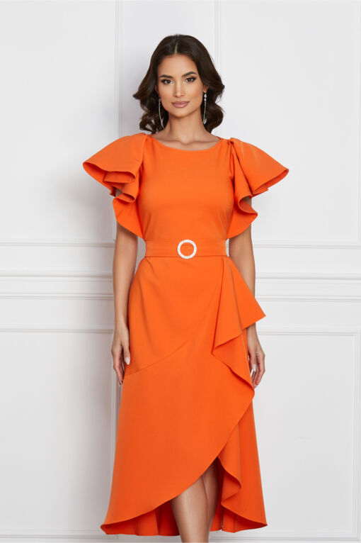 Black Friday 2022 Rochie LaDonna orange cu volan pe fusta si cordon cu catarama in talie