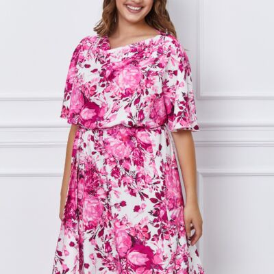 Black Friday 2022 Rochie Larisa alba cu imprimeuri magenta