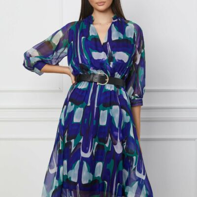 Black Friday 2022 Rochie Larisa albastra cu imprimeuri verzi si curea in talie