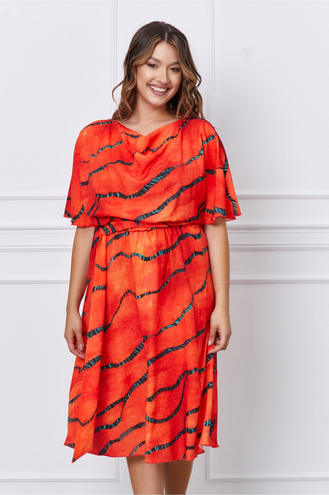 Black Friday 2022 Rochie Larisa corai cu imprimeuri negre