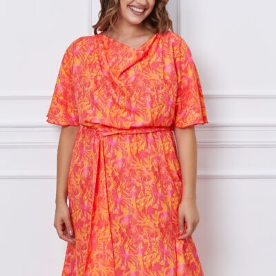 Black Friday 2022 Rochie Larisa fucsia cu imprimeuri orange