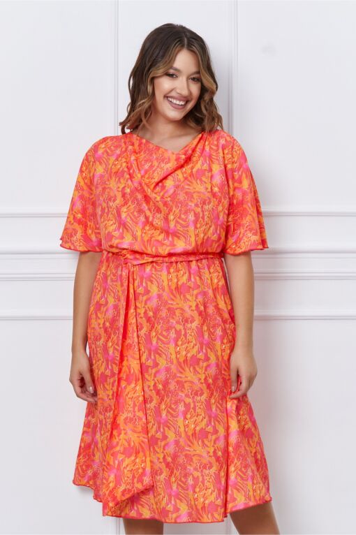 Black Friday 2022 Rochie Larisa fucsia cu imprimeuri orange