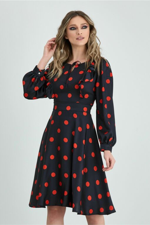 Black Friday 2022 Rochie Lariss neagra cu buline rosii si volanase
