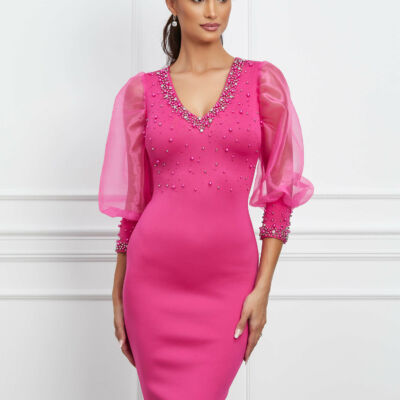 Black Friday 2022 Rochie Laura fucsia din neopren cu perlute si maneci din organza