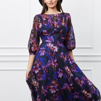 Black Friday 2022 Rochie Leonard Collection bleumarin cu imprimeuri florale mov