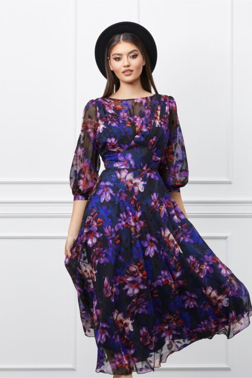 Black Friday 2022 Rochie Leonard Collection bleumarin cu imprimeuri florale mov