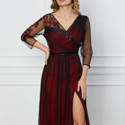 Black Friday 2022 Rochie Leonard Collection din matase neagra cu dublura rosie