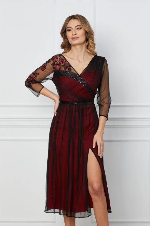 Black Friday 2022 Rochie Leonard Collection din matase neagra cu dublura rosie