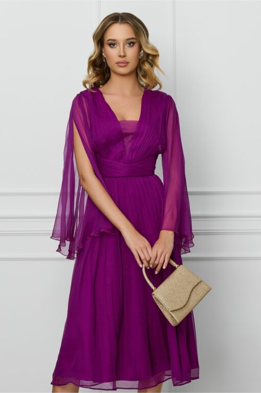 Black Friday Rochie Leonard Collection magenta din matase cu decupaje la maneci