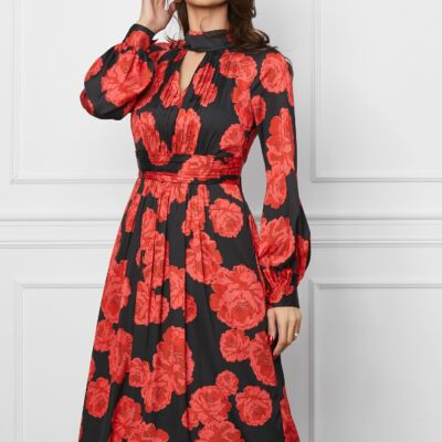 Black Friday Rochie Leonard Collection neagra cu imprimeuri florale rosii