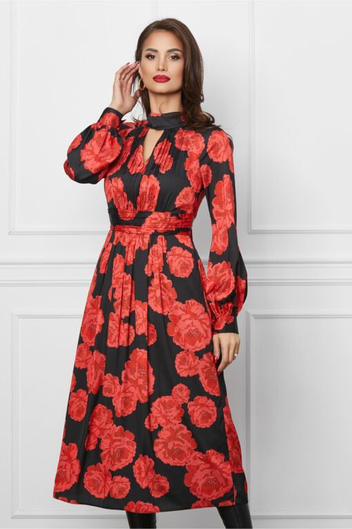 Black Friday Rochie Leonard Collection neagra cu imprimeuri florale rosii
