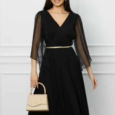 Black Friday 2022 Rochie Leonard Collection neagra din matase cu banda aurie in talie