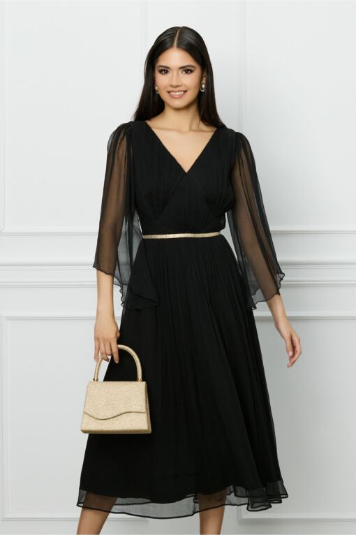 Black Friday 2022 Rochie Leonard Collection neagra din matase cu banda aurie in talie