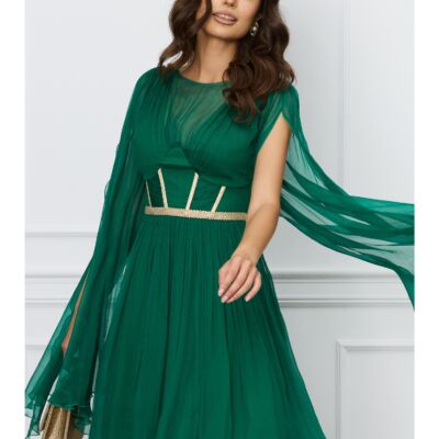 Black Friday Rochie Leonard Collection verde din matase cu broderie aurie pe bust