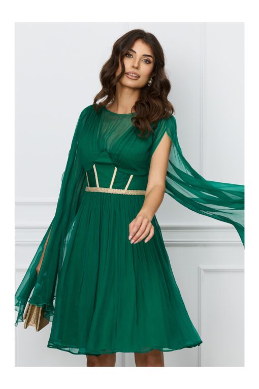 Black Friday Rochie Leonard Collection verde din matase cu broderie aurie pe bust