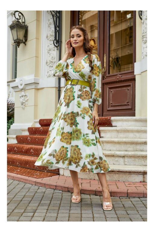 Black Friday 2022 Rochie Lilia alba cu imprimeu verde si decolteu in V