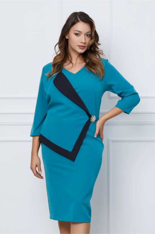 Black Friday 2022 Rochie Linda de ocazie turcoaz cu rever stil sacou