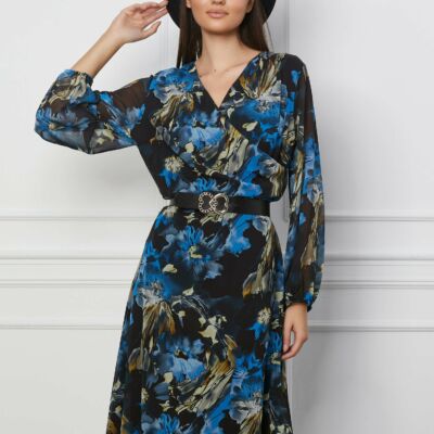 Black Friday 2022 Rochie Loredana neagra cu imprimeu albastru si curea in talie