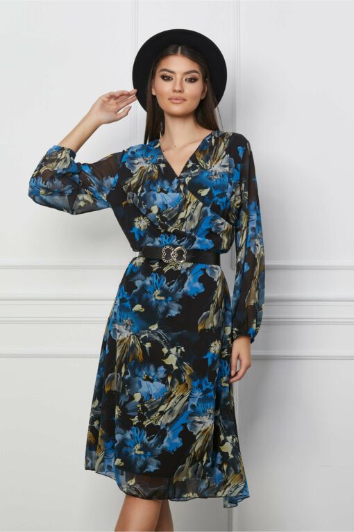 Black Friday 2022 Rochie Loredana neagra cu imprimeu albastru si curea in talie