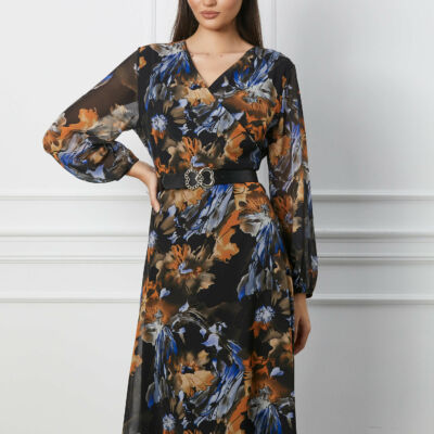 Black Friday Rochie Loredana neagra cu imprimeu orange si curea in talie