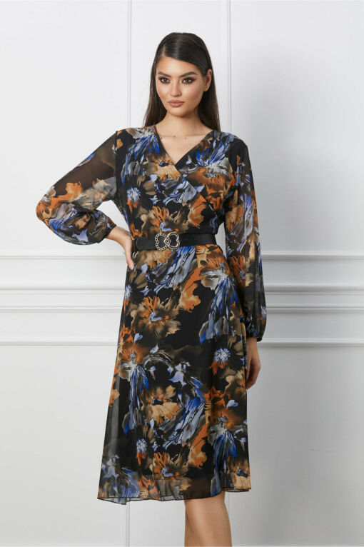 Black Friday Rochie Loredana neagra cu imprimeu orange si curea in talie