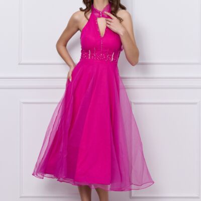 Black Friday 2022 Rochie Lorena fucsia din organza cu margelute