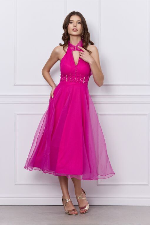Black Friday 2022 Rochie Lorena fucsia din organza cu margelute
