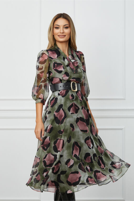 Black Friday 2022 Rochie Lorena kaki cu animal print roz si curea in talie