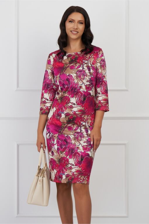 Black Friday Rochie Lucia bej cu imprimeuri fucsia