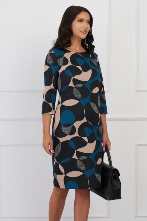 Black Friday Rochie Lucia neagra cu imprimeuri turcoaz si bej