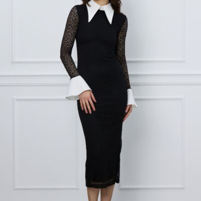 Black Friday 2022 Rochie Lucia neagra din dantela cu mansete si guler alb