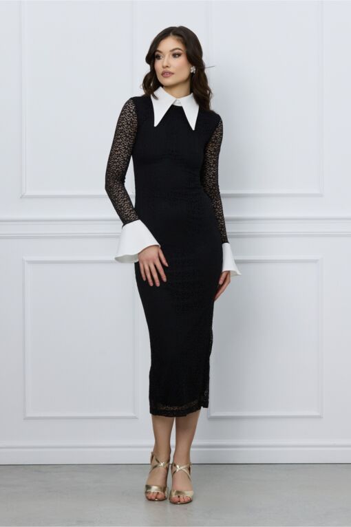 Black Friday 2022 Rochie Lucia neagra din dantela cu mansete si guler alb
