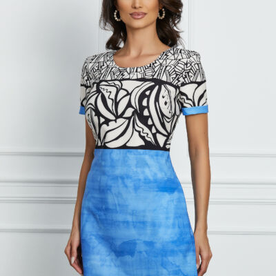 Black Friday 2022 Rochie Luciana bleu cu imprimeu alb-negru la bust