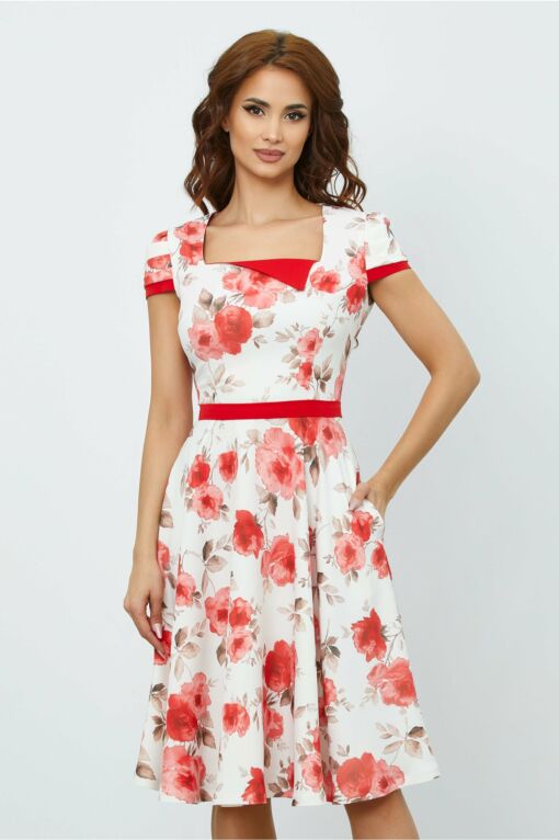 Black Friday 2022 Rochie MBG alba cu imprimeu floral rosu