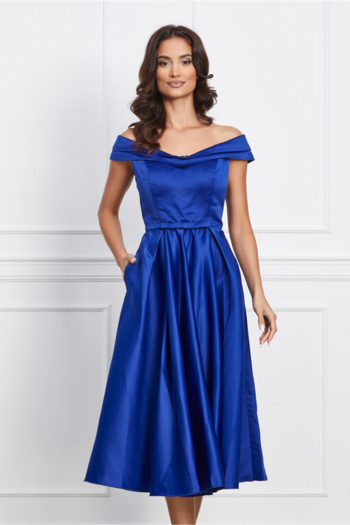 Black Friday 2022 Rochie MBG albastra cu umeri goi si accesoriu la decolteu
