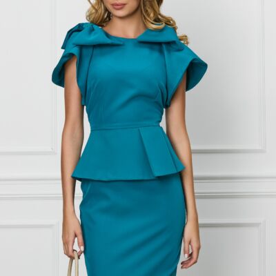 Black Friday 2022 Rochie MBG albastru petrol cu funde pe umeri si peplum in talie