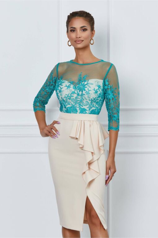 Black Friday 2022 Rochie MBG bej cu dantela verde la bust si volan pe fusta