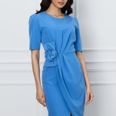 Black Friday 2022 Rochie MBG bleu cu floare 3D in talie