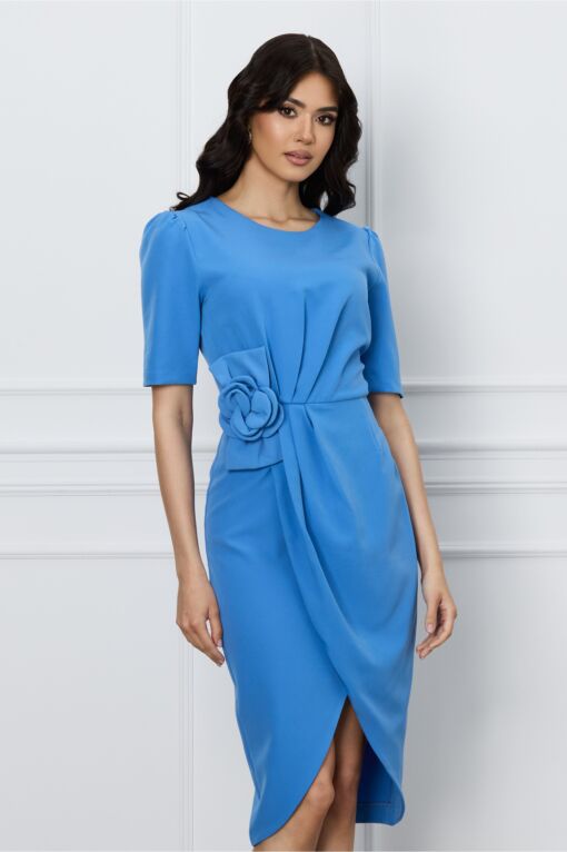 Black Friday 2022 Rochie MBG bleu cu floare 3D in talie