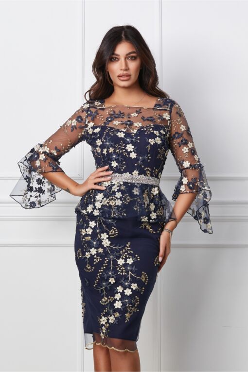 Black Friday 2022 Rochie MBG bleumarin cu broderie florala bej