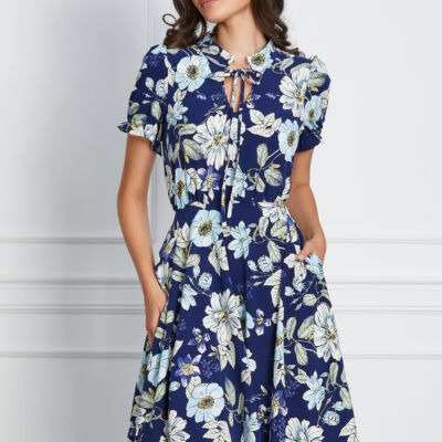 Black Friday 2022 Rochie MBG bleumarin cu imprimeu floral bleu si snur la baza gatului