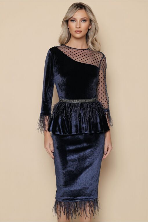 Black Friday Rochie MBG bleumarin cu pene si peplum